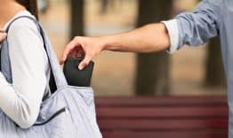 Pickpocket thief stealing wallet from woman handbag