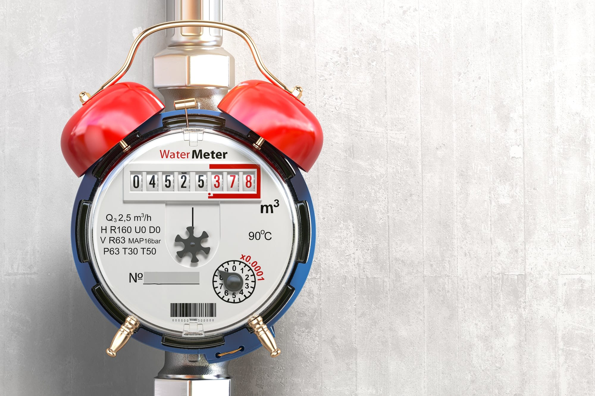 Water meter wiith alarm clock. Time to pay utility bills and debt for water consumption concept.