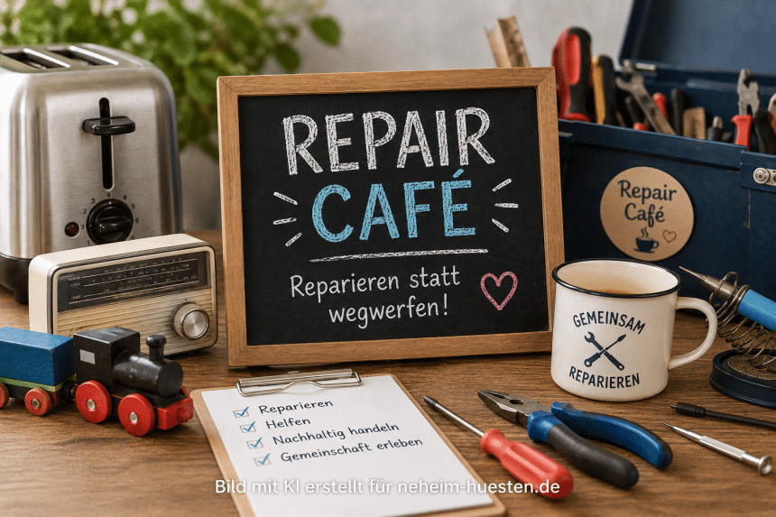 Symbolbild für das Repair Café in Arnsberg mit Werkzeug, Toaster, Radio und dem Hinweis „Reparieren statt wegwerfen“
